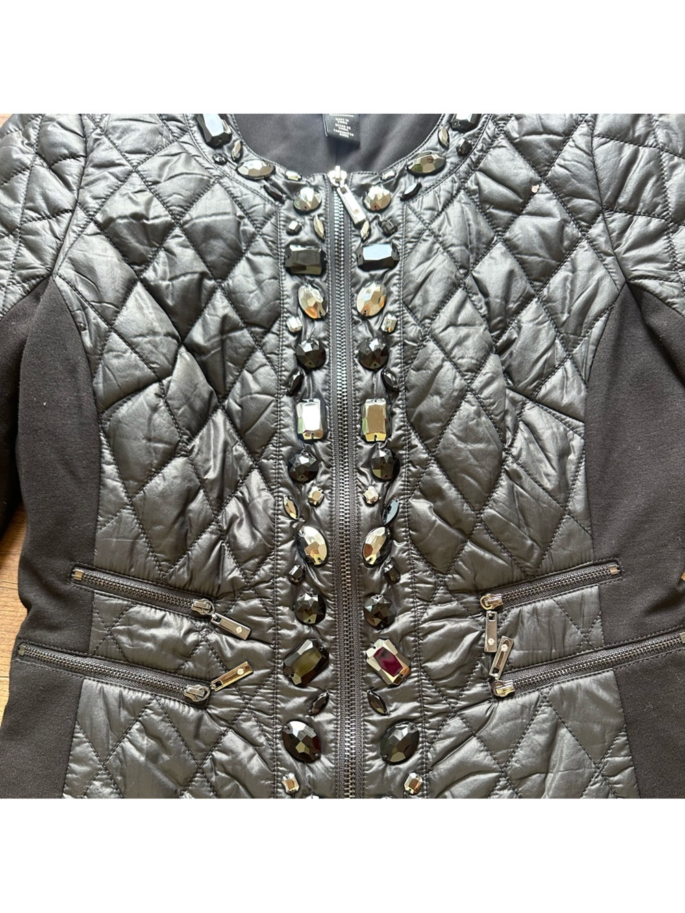 White House Black Market Embellished Quilted Jacket XS Glam Moto Zip - Picture 3 of 7